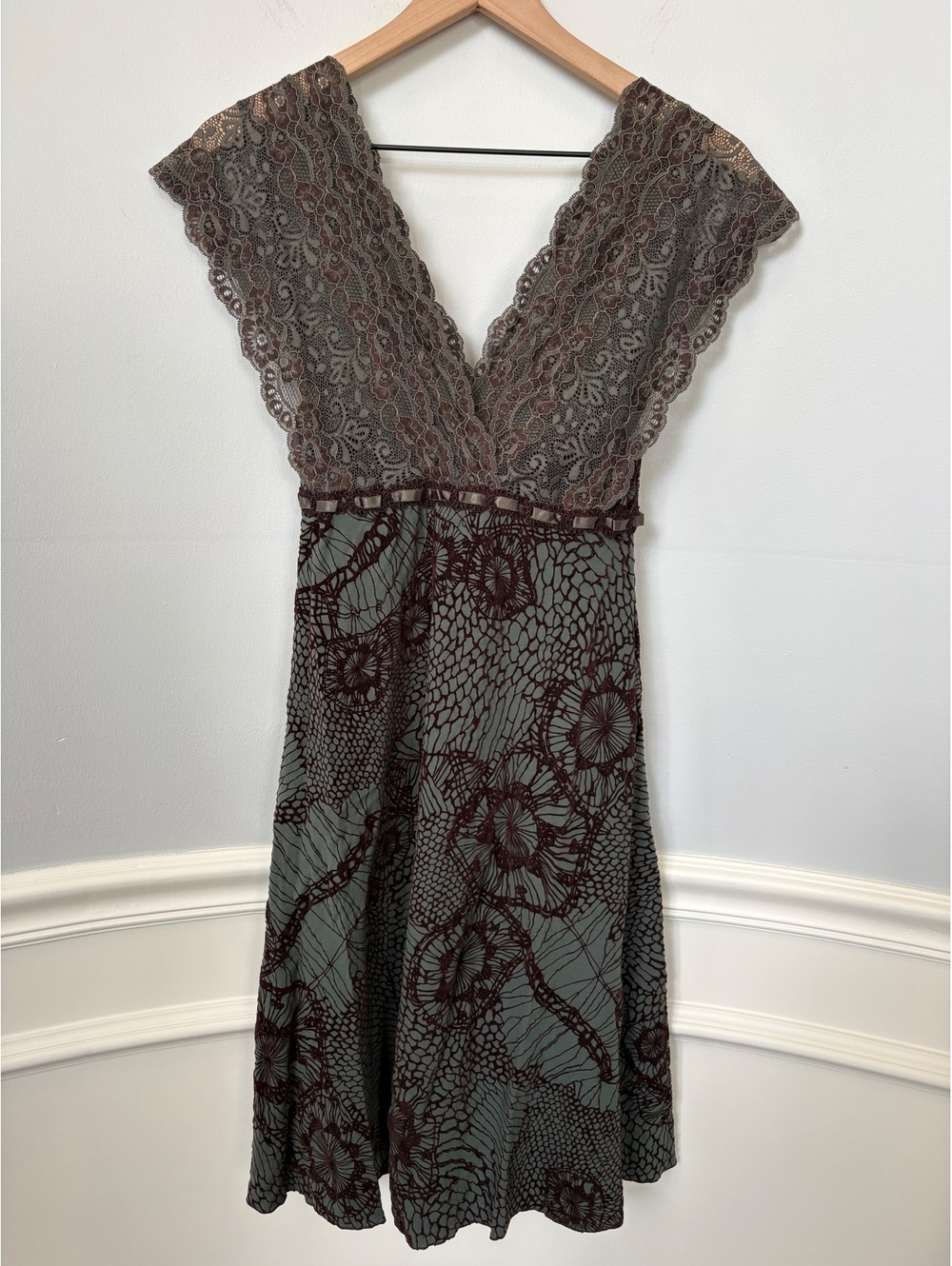 Vintage Ann Ferriday Fairycore Lace V-Neck Mini Dress - Green Brown One Size